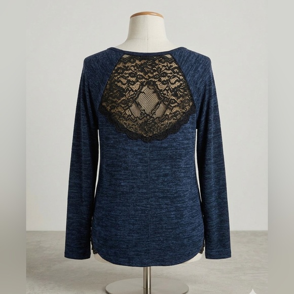 Lane Bryant Navy Long Sleeve Top with Lace Detail - Picture 2 of 2